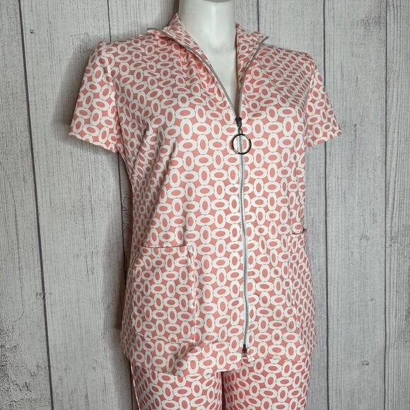 Fuzzy Retro UK Vintage 1960s Inspired 2 Piece Peach & White Geometric Pantsuit - Picture 2 of 10